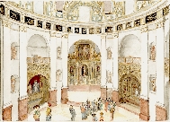 Viñeta del interior de la iglesia con vista hacia el presbiterio