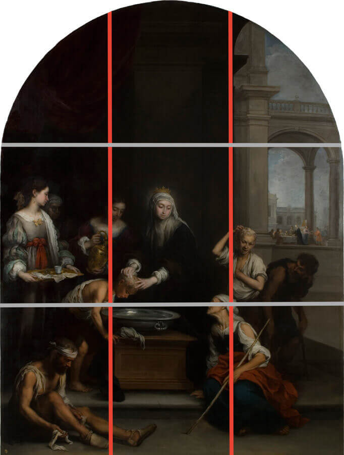 Costuras del lienzo original y del reentelado de la obra “Santa Isabel de Hungría curando a los tiñosos”