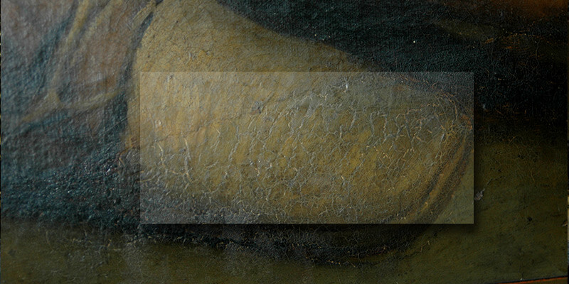 Craquelados en distintas zonas de la capa pictórica del lienzo “Santa Isabel de Hungría curando a los tiñosos”