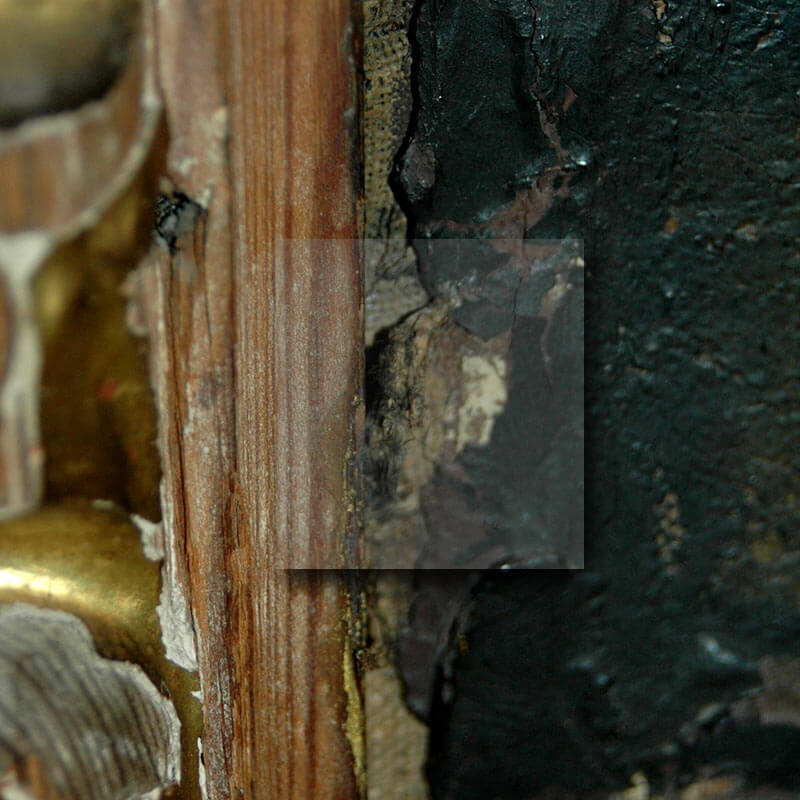 Descomposición del soporte causado por hongos en el lienzo “Santa Isabel de Hungría curando a los tiñosos”