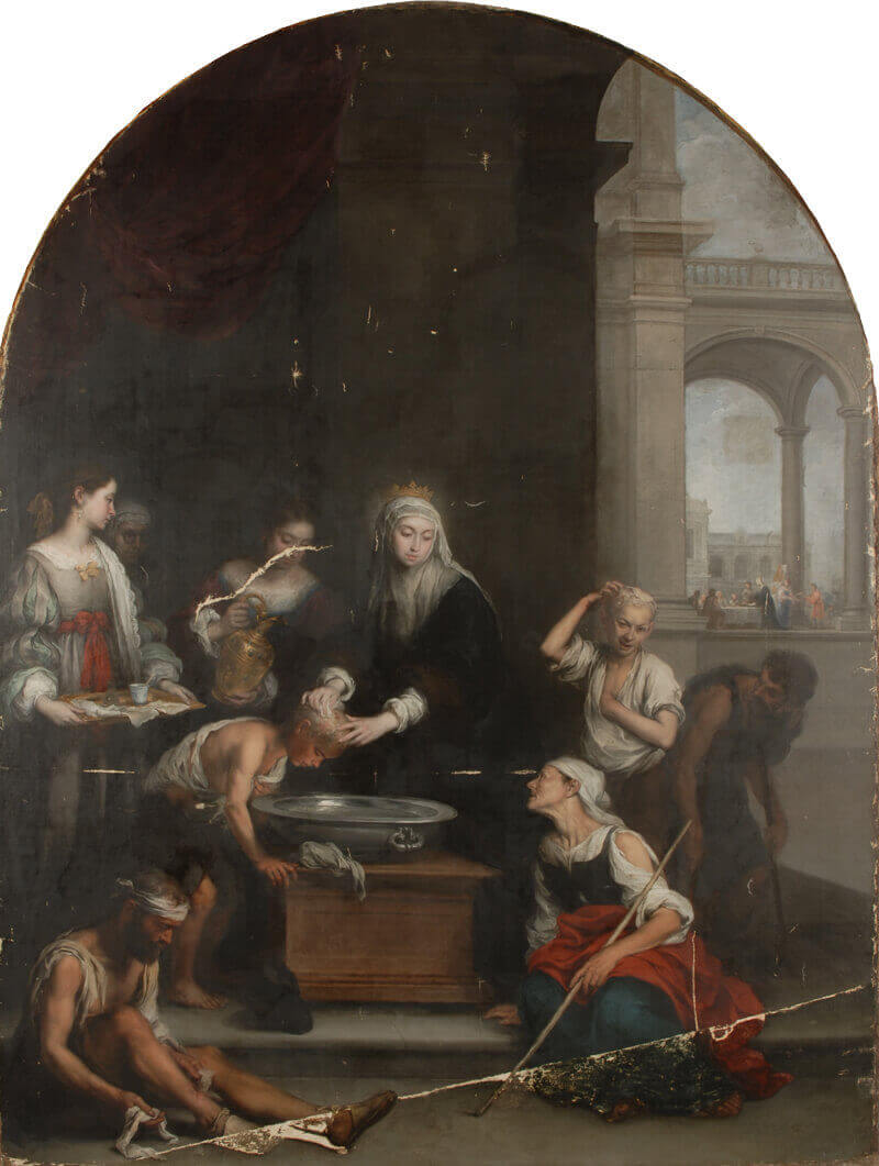 Estado de la pintura “Santa Isabel de Hungría curando a los tiñosos”  antes del proceso de limpieza