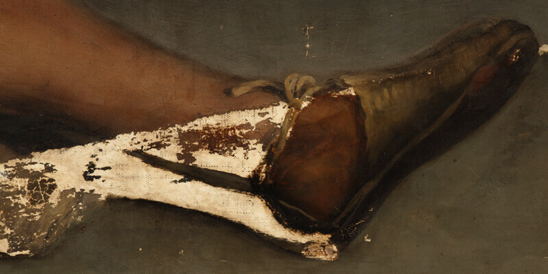 Proceso de limpieza del pie izquierdo del mendigo en la obra “Santa Isabel de Hungría curando a los tiñosos” 