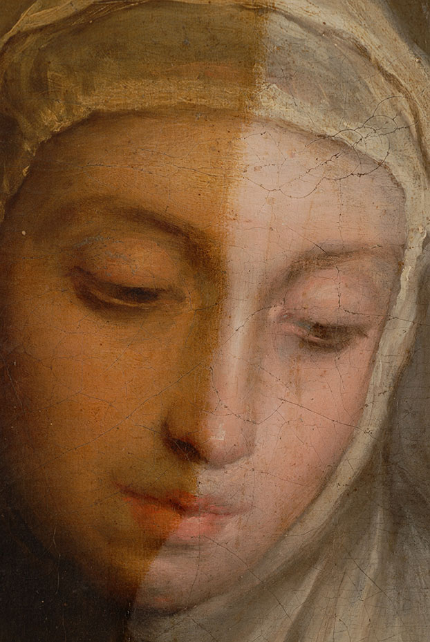 Proceso de limpieza en el rostro de Santa Isabel de Hungría de la obra “Santa Isabel de Hungría curando a los tiñosos” 