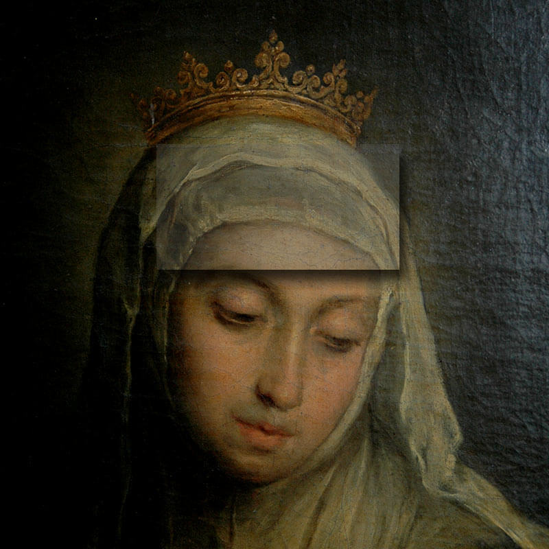 Preparación grisácea que se observa a través de los desgastes de la obra “Santa Isabel de Hungría curando a los tiñosos”