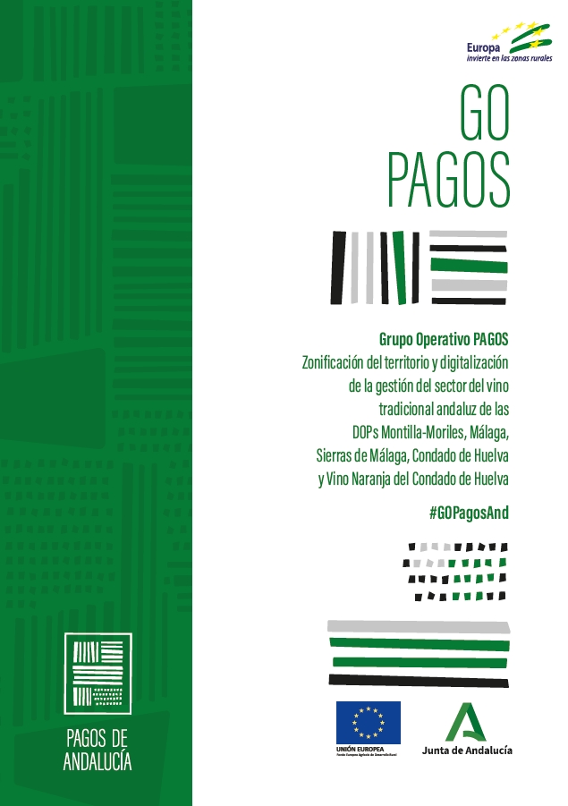 Díptico del proyecto: “GO PAGOS- Grupo Operativo Pagos – Zonificación del territorio y digitalización de la gestión del sector del vino tradicional de las D.O.Ps. Montilla Moriles, Málaga, Sierras de Málaga, Condado de Huelva y Vino Naranja del Condado de Huelva. #GOPagosAnd”.
